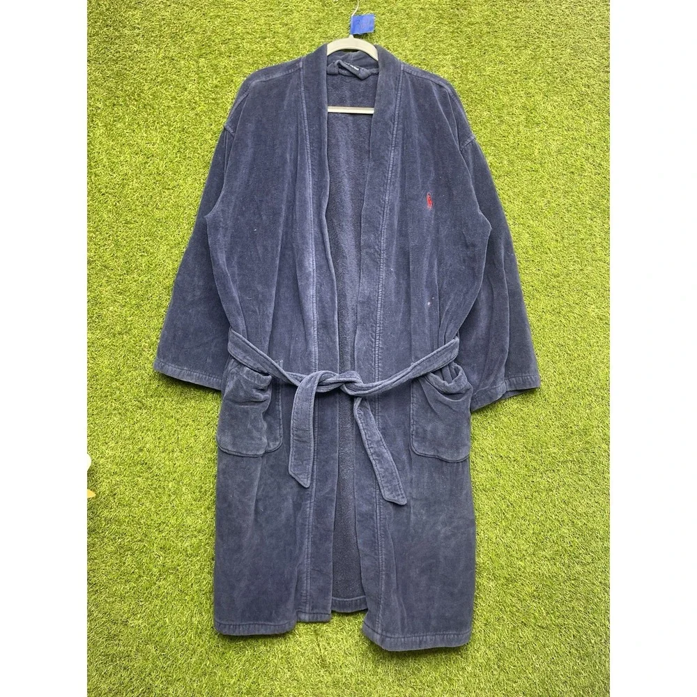 Polo Ralph Lauren Bath Robe Mens Small Blue Heavy Terry Shawl Belted Lounge